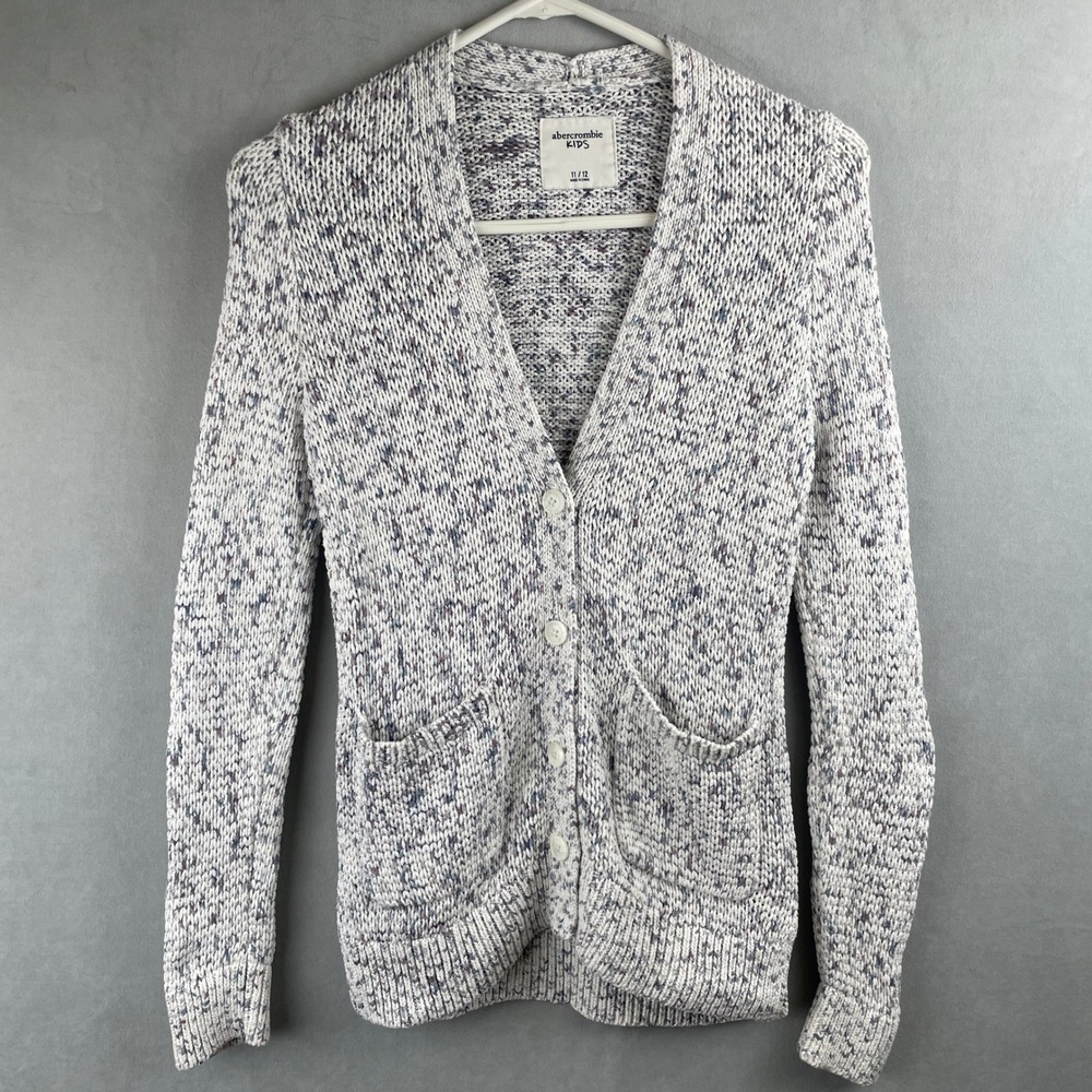 Abercrombie Kids Girls Wht Blue Purple Marled Chunky Knit Cardigan Sweater 11/12